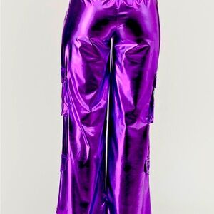 Metallic Purple Women's Cargo Pants with Elastic Stretch Around Waist